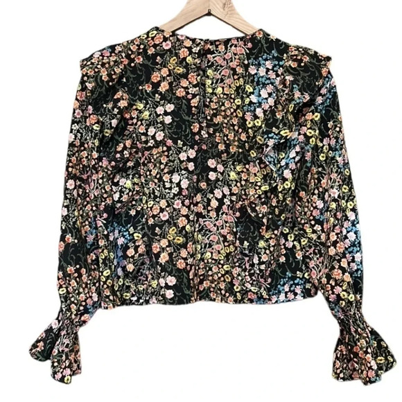 ZARA Floral Black Long Sleeve Ruffle Blouse Small - Picture 4 of 10